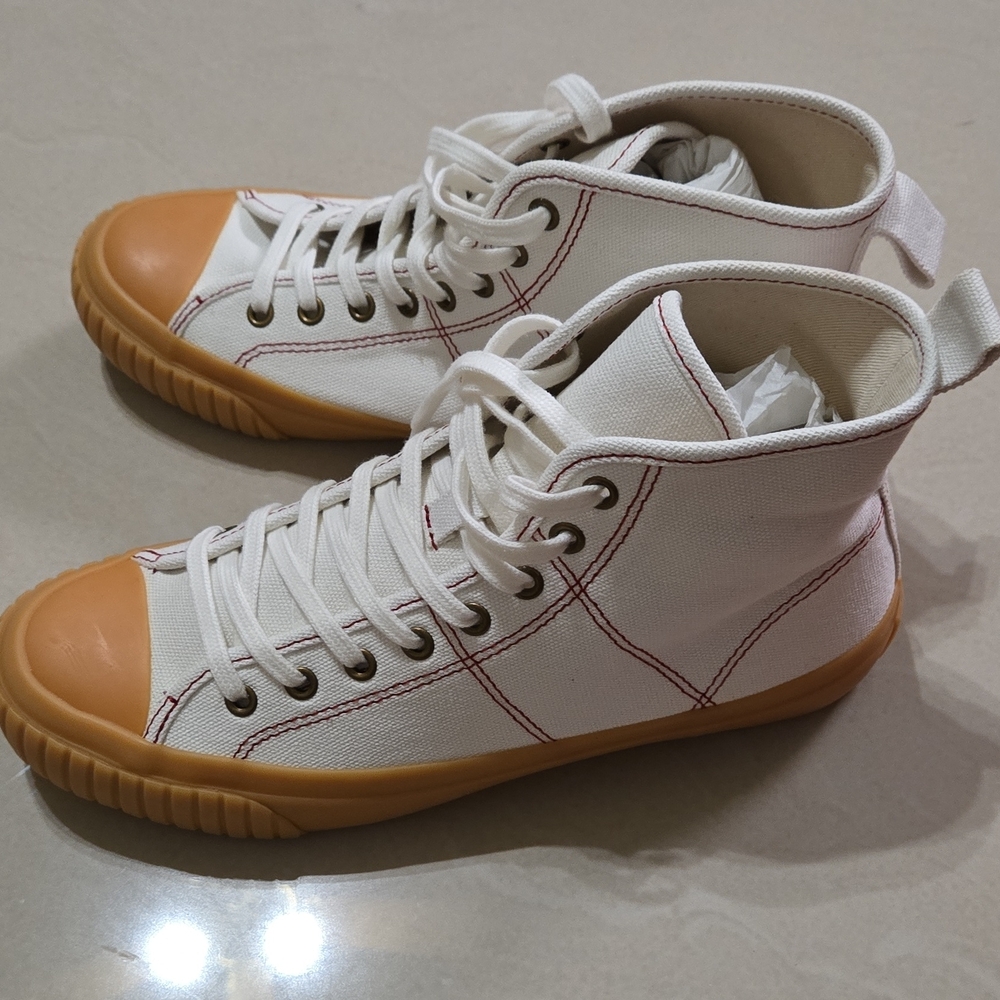 J. Crew White and Tan High-Top Sneakers